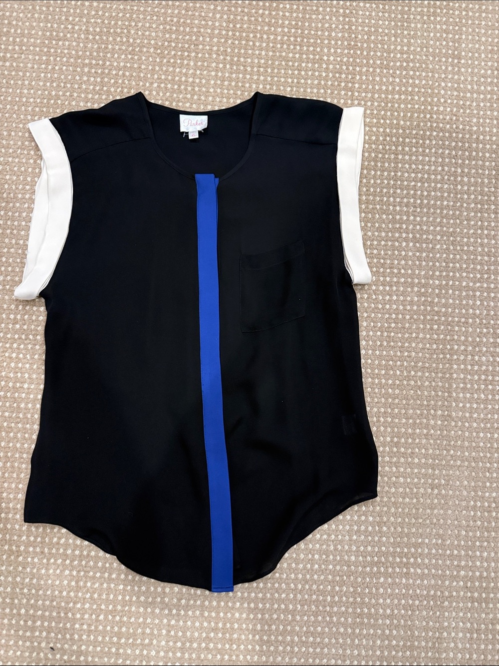 Parker Black and White Cap Sleeve Top with Royal Blue Center Stripe
